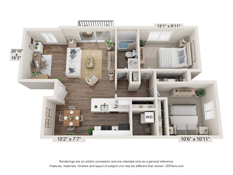 Floor plan for 2 beds, 1 bath, 993 sqft